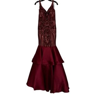 David's Bridal Burgundy Sequin Gown